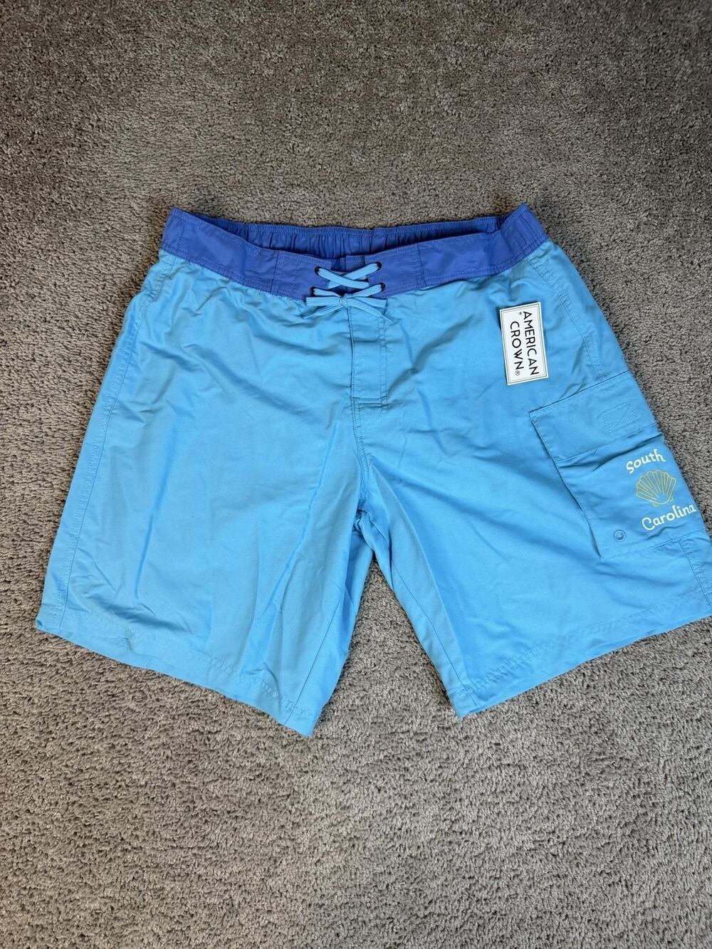 American Crown Shorts Mens XL Blue Swim Shorts Lined Drawstring Pockets